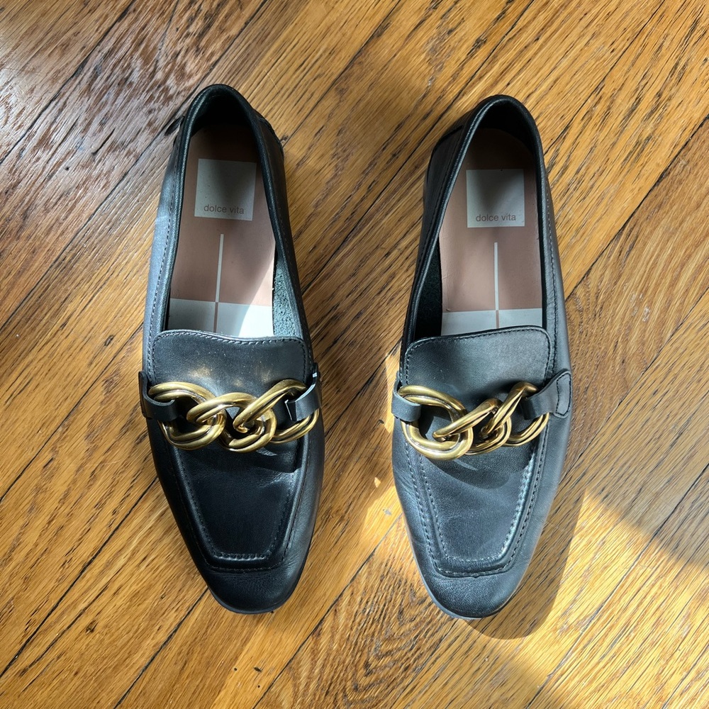 Black Dolce Vita Loafers with Gold Chain Detail